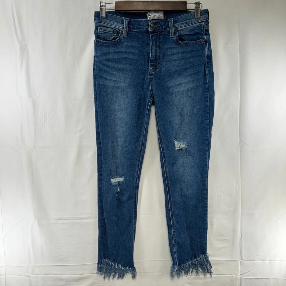 Free People Skinny Jeans Womens 28 Blue Distressed Frayed Fringe Hem